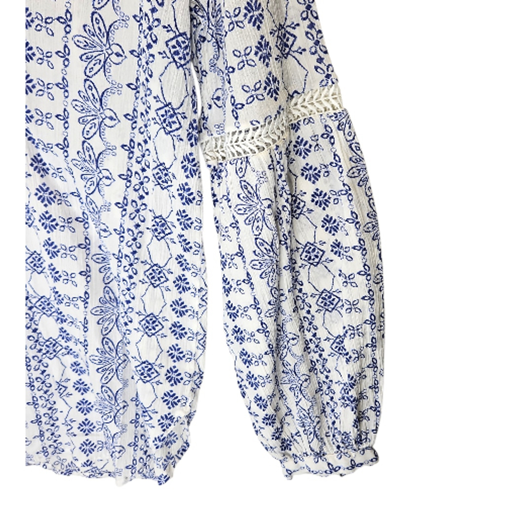 LOFT Ann Taylor Blue White Peasant Blouse Women L Boho Long Sleeve Cottagecore - Picture 4 of 7